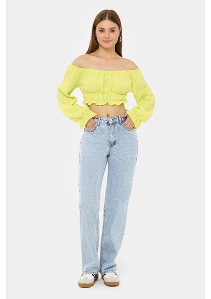 Kadın Omuzdan Askılı, Uzun Kollu ve Pilili Detaylı Keten Kısa Üst Sarı fiyatları