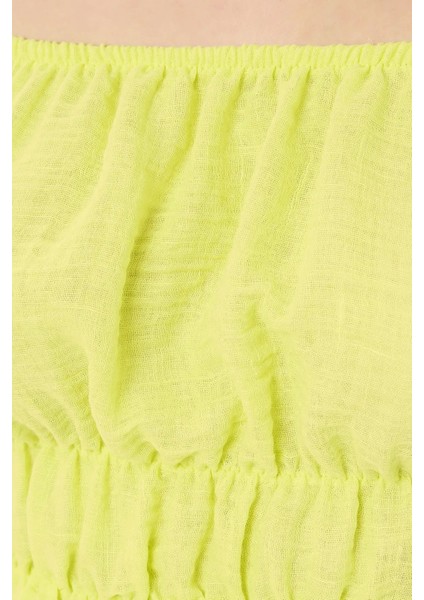 Kadın Omuzdan Askılı, Uzun Kollu ve Pilili Detaylı Keten Kısa Üst Sarı indirimleri