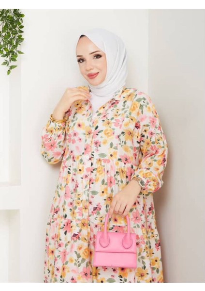 Kadın Çiçek Desenli Alaçatı Model Düğmeli Kat Kat Elbise