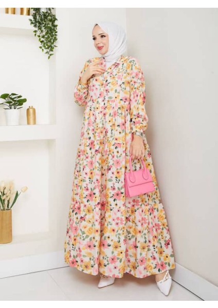 Kadın Çiçek Desenli Alaçatı Model Düğmeli Kat Kat Elbise fiyatları