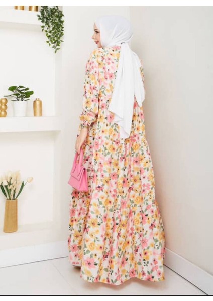 Kadın Çiçek Desenli Alaçatı Model Düğmeli Kat Kat Elbise modelleri