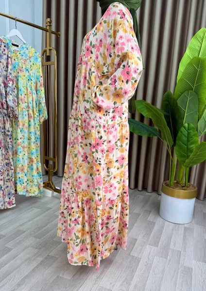 Kadın Çiçek Desenli Alaçatı Model Düğmeli Kat Kat Elbise