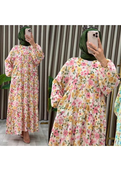 Kadın Çiçek Desenli Alaçatı Model Düğmeli Kat Kat Elbise