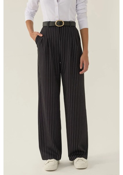 Kadın Yüksek Bel Çizgili Düz Paça Pantolon Siyah fiyatları