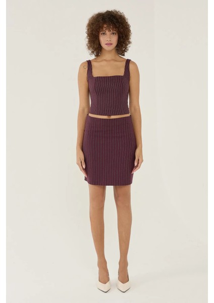 Kadın Çizgili Mini Etek Red