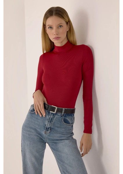 Kadın Basic Uzun Kollu Bodysuit Red