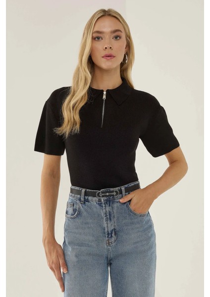 Kadın Polo Yaka Fermuarlı Süveter Siyah