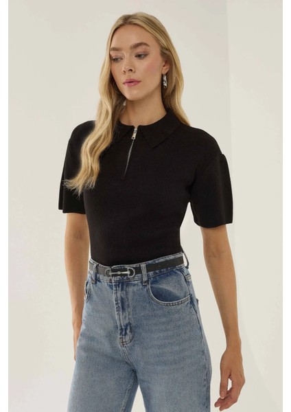 Kadın Polo Yaka Fermuarlı Süveter Siyah modelleri