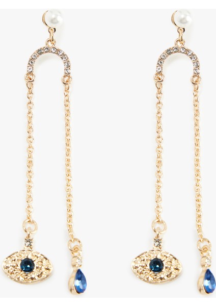 Çelik Karışımlı Zincirli Taş Detaylı Sallantılı Göz Figürlü Küpe