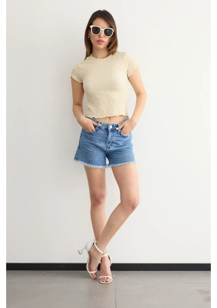 Kadın Dokuma Kumaşlı Yuvarlak Yaka Kısa Kollu Kırpılmış Üst Natural fiyatları