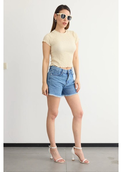 Kadın Dokuma Kumaşlı Yuvarlak Yaka Kısa Kollu Kırpılmış Üst Natural modelleri