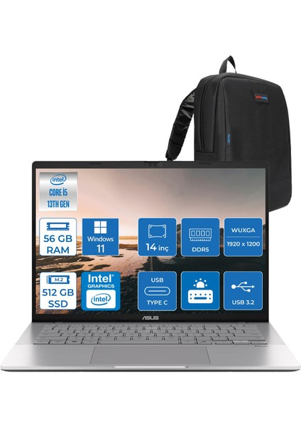 Vivobook WS3407VA S14 Intel Core I5 13420H-56GB DDR5-512GB Ssd-14" Wuxga IPS 300NITS WIN11HOME Taşınabilir Bilgisayar ZLY045H27+ZETTAÇANTA