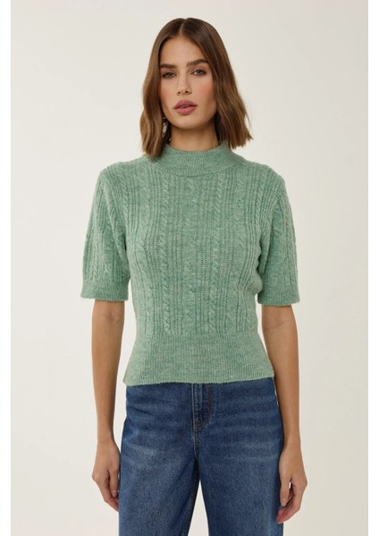 Kadın Kısa Kollu Balıkçı Yaka Saç Örgüsü Triko Kazak Green