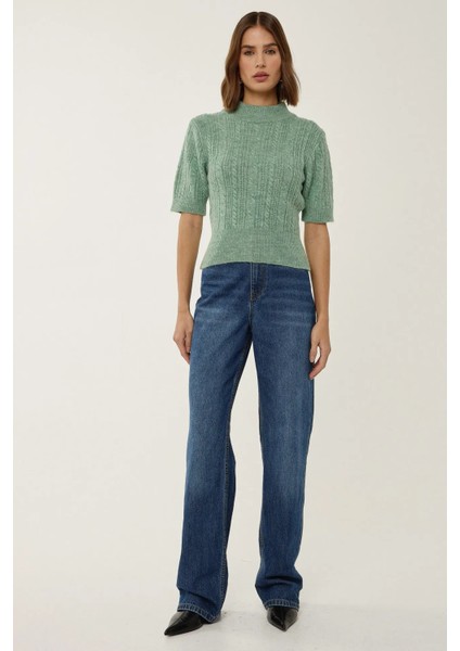 Kadın Kısa Kollu Balıkçı Yaka Saç Örgüsü Triko Kazak Green fiyatları