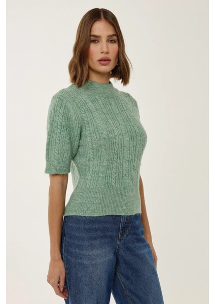 Kadın Kısa Kollu Balıkçı Yaka Saç Örgüsü Triko Kazak Green modelleri