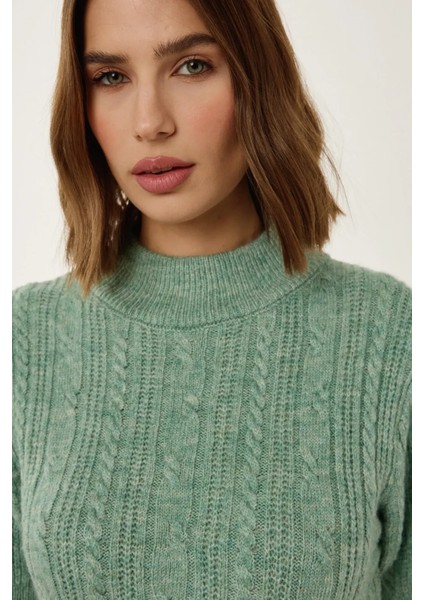 Kadın Kısa Kollu Balıkçı Yaka Saç Örgüsü Triko Kazak Green fırsatları