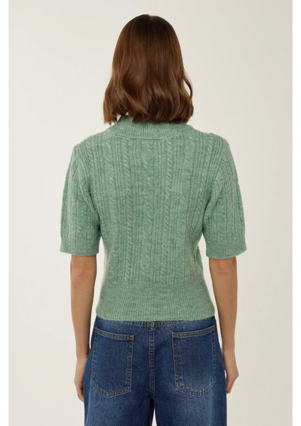 Kadın Kısa Kollu Balıkçı Yaka Saç Örgüsü Triko Kazak Green indirimleri