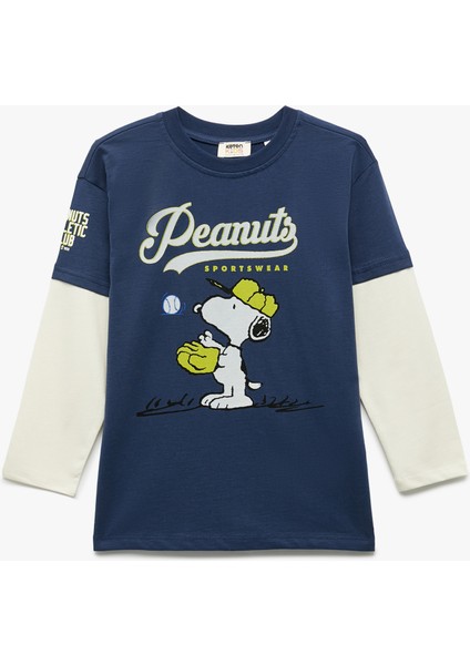Uzun Kollu Bisiklet Yaka Renk Kontrastlı Lisanslı Snoopy Baskılı Tişört