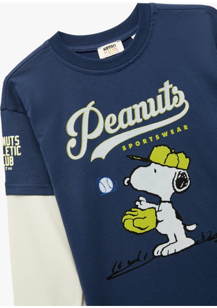 Uzun Kollu Bisiklet Yaka Renk Kontrastlı Lisanslı Snoopy Baskılı Tişört modelleri