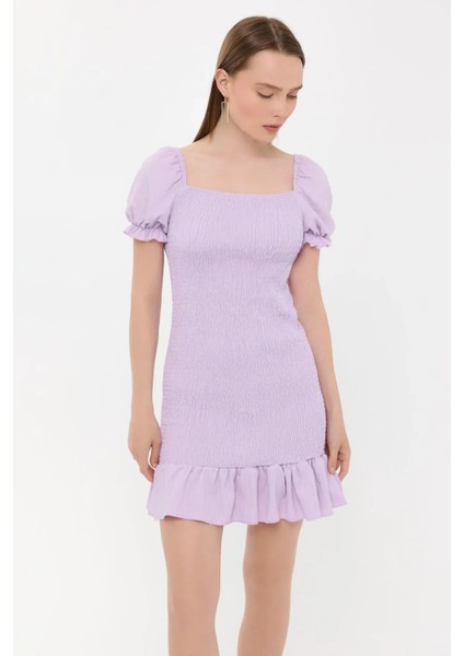 Kadın Küçük Dökümlü, Kare Yaka, Fitilli, Balon Kol Detaylı Elbise Purple