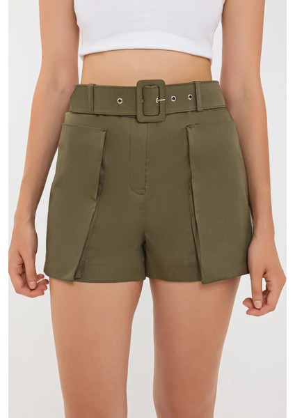 Kadın Cebi ve Kuşak Detaylı Pamuk Yüksek Bel Şort Haki Yeşil