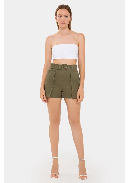 Kadın Cebi ve Kuşak Detaylı Pamuk Yüksek Bel Şort Haki Yeşil fiyatları
