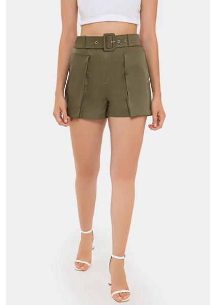 Kadın Cebi ve Kuşak Detaylı Pamuk Yüksek Bel Şort Haki Yeşil modelleri