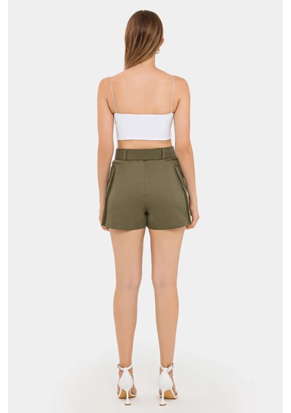 Kadın Cebi ve Kuşak Detaylı Pamuk Yüksek Bel Şort Haki Yeşil fırsatları