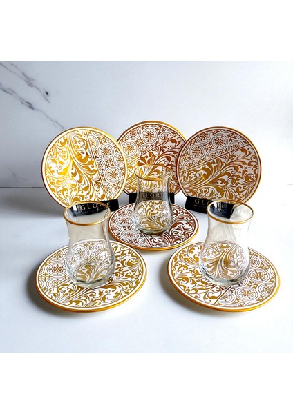 Altın Varaklı ve Desenli 6'lı Porselen Tabaklı Çay Bardağı Takımı - Sudedi Home