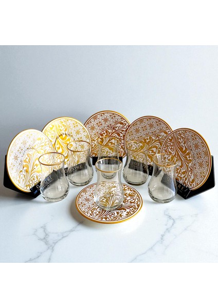 Altın Varaklı ve Desenli 6'lı Porselen Tabaklı Çay Bardağı Takımı - Sudedi Home fiyatları