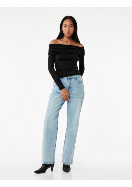 Slim Fit Uzun Kollu Drapeli Omzu Açık Tişört