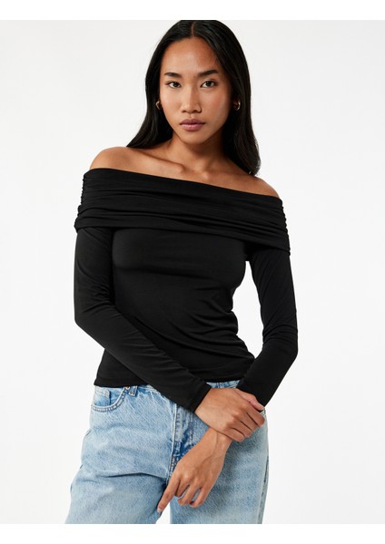 Slim Fit Uzun Kollu Drapeli Omzu Açık Tişört fiyatları