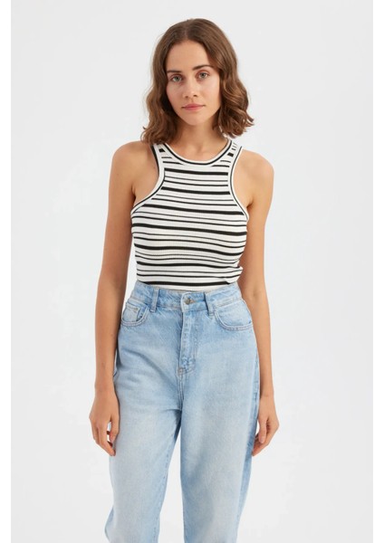 Kadın Çizgili Dokuma Boyun Bağı Bluz Natural fiyatları