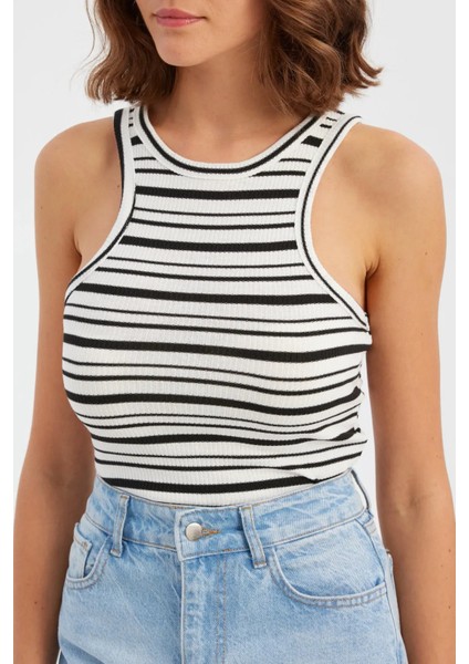 Kadın Çizgili Dokuma Boyun Bağı Bluz Natural indirimleri