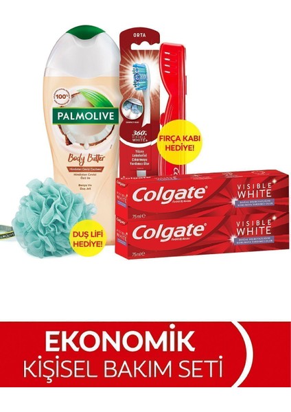 Visible White Diş Macunu 75 ml x2, 360 Visible White Orta Diş Fırçası, Palmolive Body Butter Duş Jeli 250 ml + Duş Lifi & Fırça Kabı
