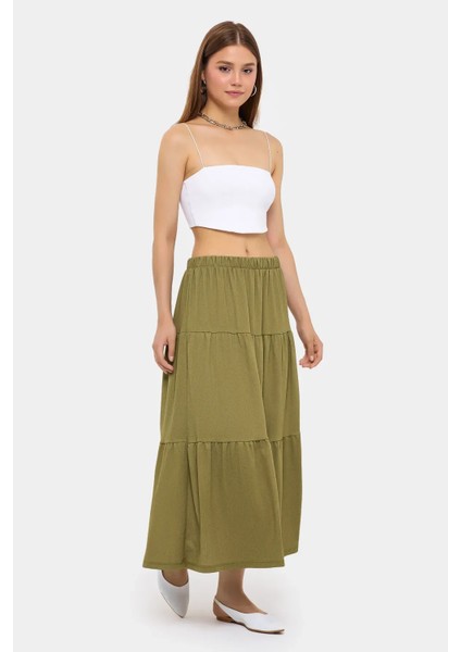 Kadın Elastik Bel Detaylı Katmanlı Maxi Etek Yeşil fiyatları