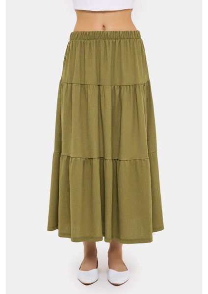 Kadın Elastik Bel Detaylı Katmanlı Maxi Etek Yeşil modelleri