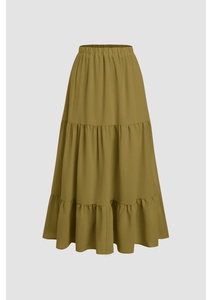 Kadın Elastik Bel Detaylı Katmanlı Maxi Etek Yeşil