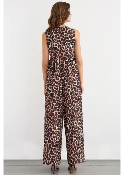 Kadın Bağcıklı Orta Bel Geniş Bacaklı Hayvan Baskılı Pantolon Brown fırsatları