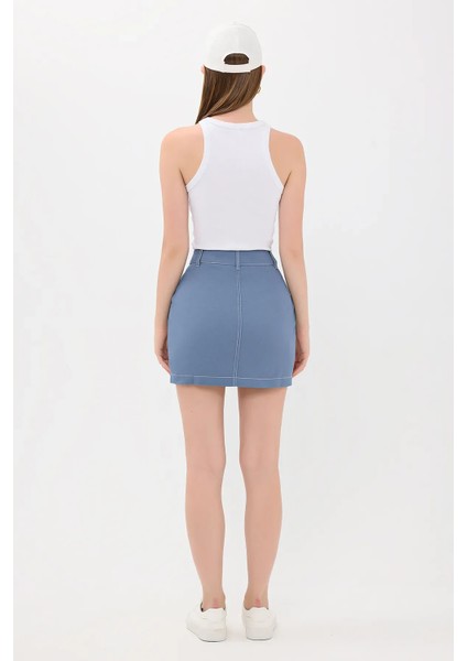 Kadın Yüksek Bel Dikiş Detaylı Mini Etek Mavi indirimleri