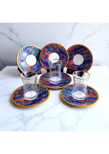Etnik Desenli 6'lı Porselen Tabaklı Çay Bardağı Takımı - Sudedi Home