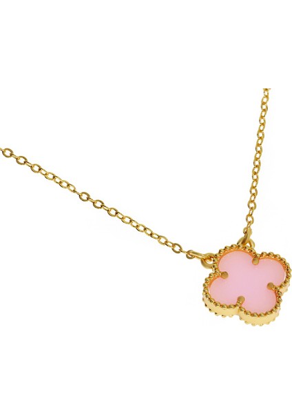 Kadın Pembe Renk Yonca Model Çelik Kolye