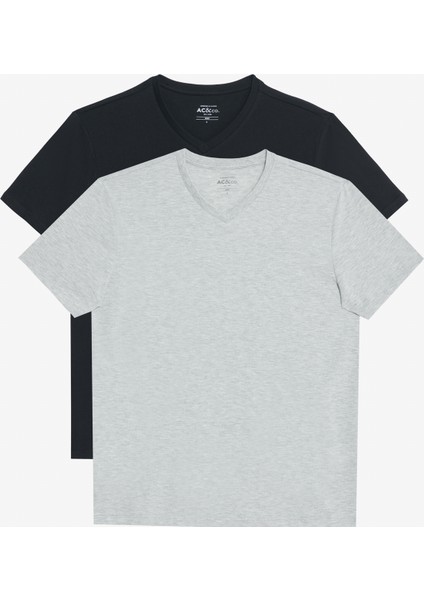 2'li Slim Fit Dar Kesim V Yaka %100 Pamuk T-Shirt