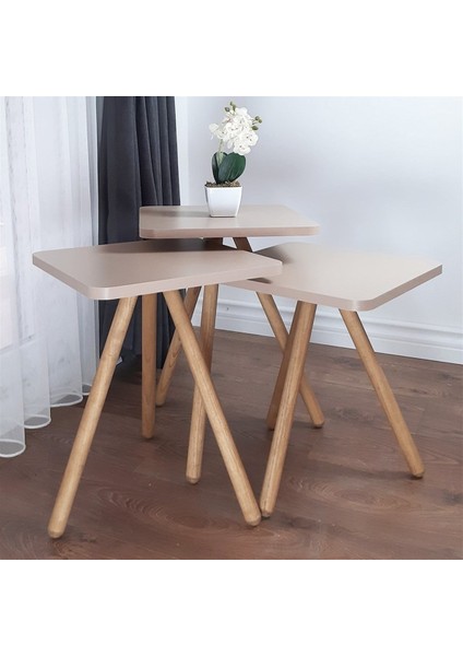 Ahşap Ayaklı Kare Tasarım Üçlü Zigon Sehpa Karedüz Cappuccino