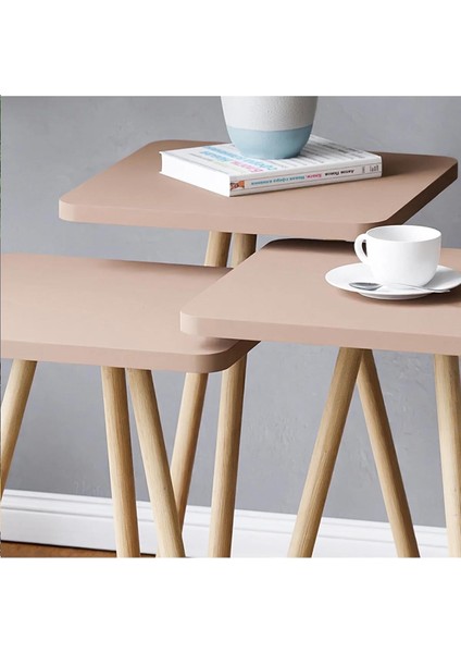 Ahşap Ayaklı Kare Tasarım Üçlü Zigon Sehpa Karedüz Cappuccino fiyatları