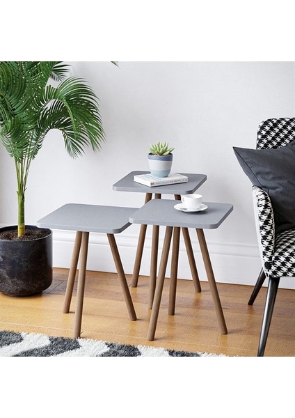 Ahşap Ayaklı Kare Tasarım Üçlü Zigon Sehpa Karedüz Gri