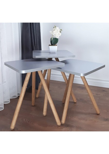 Ahşap Ayaklı Kare Tasarım Üçlü Zigon Sehpa Karedüz Gri fiyatları