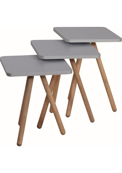Ahşap Ayaklı Kare Tasarım Üçlü Zigon Sehpa Karedüz Gri