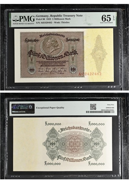 Almanya 5 Milyon Mark - 1923 - Çil - Pmg Epq 65