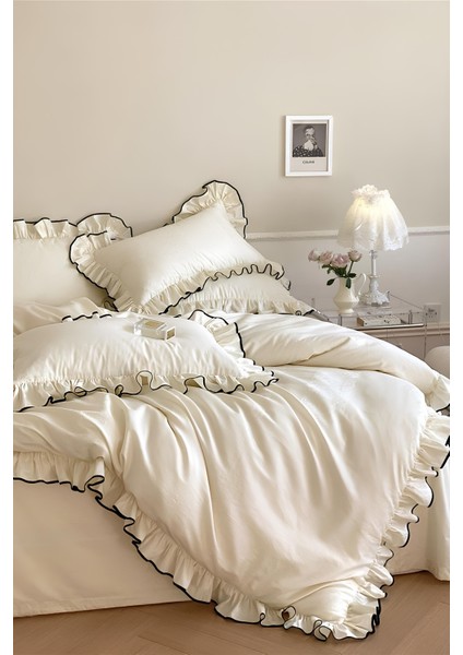 Pure %100 Pamuk Çift Kişilik Nevresim Seti Süs Dikişli Fırfır'lı Ekru